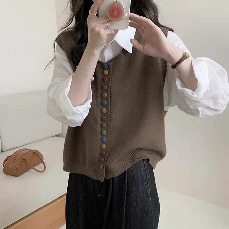 新款复古风无袖毛衣马甲女叠穿慵懒风针织上衣高级感开衫背心|undefined