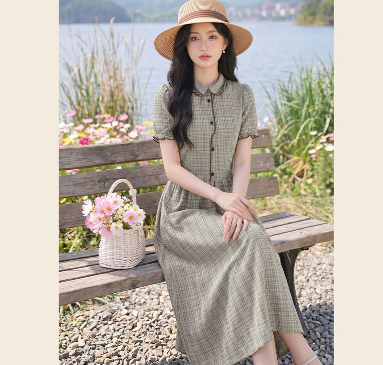 Đầm maxi nữ thắt eo họa tiết kẻ caro phong cách vintage — Màu ảnh chi tiết 2