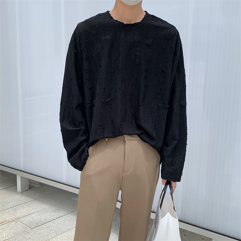 La Primavera de cuello redondo de manga larga Camiseta de los hombres de estilo coreano estilo de Hong Kong casual todo partido de moda ins pullover personalizado rasgado camiseta top