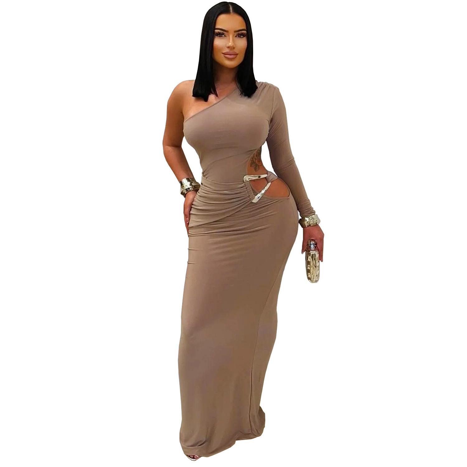 C7543 Aliexpress transfronterizo Amazon Europa y América moda de mujer sexy de hombro inclinado de manga única delgada vestido de color sólido image 8