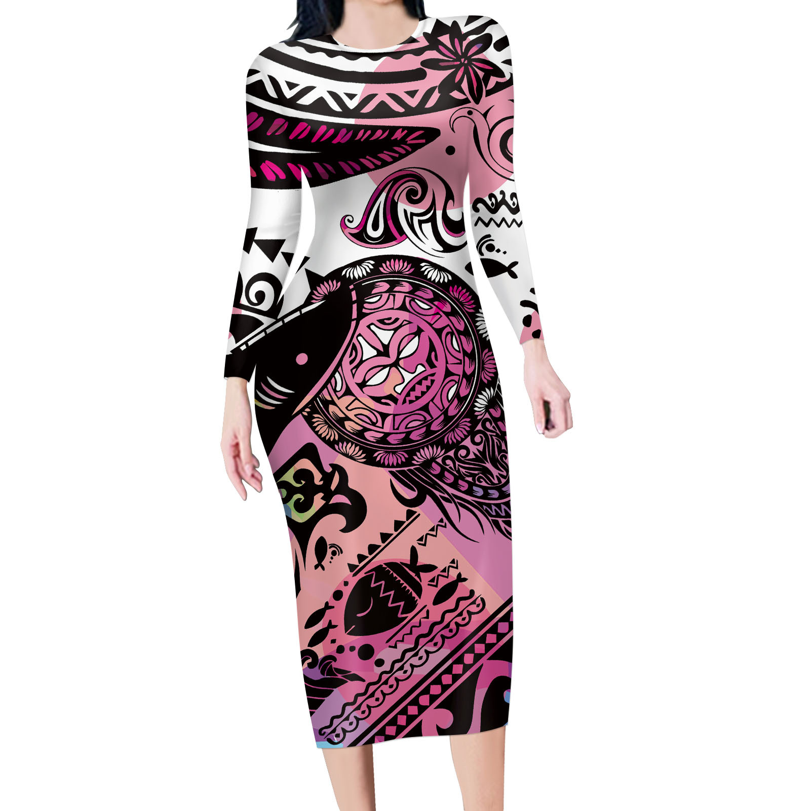 2021亚马逊新款波利尼西亚风格图案印花连衣裙内搭显瘦长袖长裙