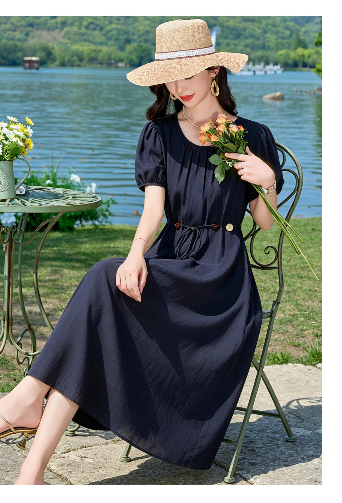 Đầm suông midi cổ V eo thắt dây dáng chữ A tay ngắn — Xanh lông mòng đen, màu trắng, màu vàng chi tiết 17