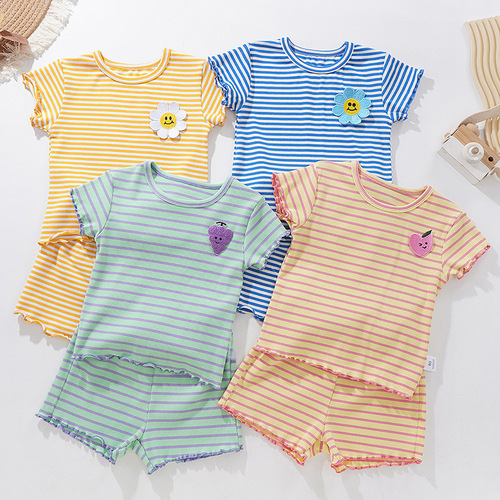 Children's two-piece set Korean-style baby new small flower infant summer outfit cute striped set factory wholesale