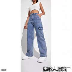 高腰美式休闲牛仔裤工装牛仔垮裤多袋橡筋阔腿宽松欧美2025辣妹裤