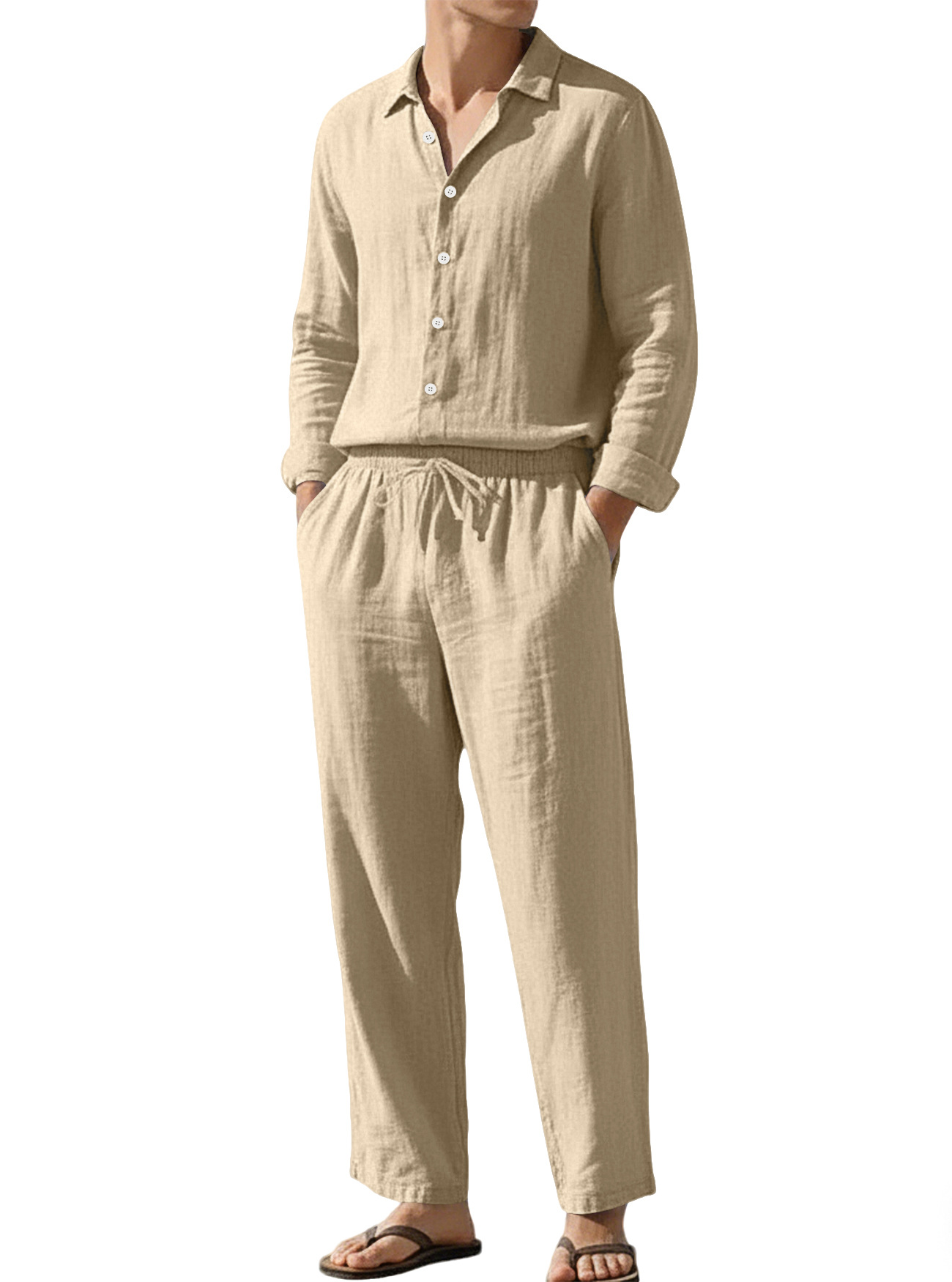 Estación independiente transfronteriza Europa y América cuatro estaciones lino transpirable ocio playa suelta protección solar camisa de mangas largas pantalones largos set hombre