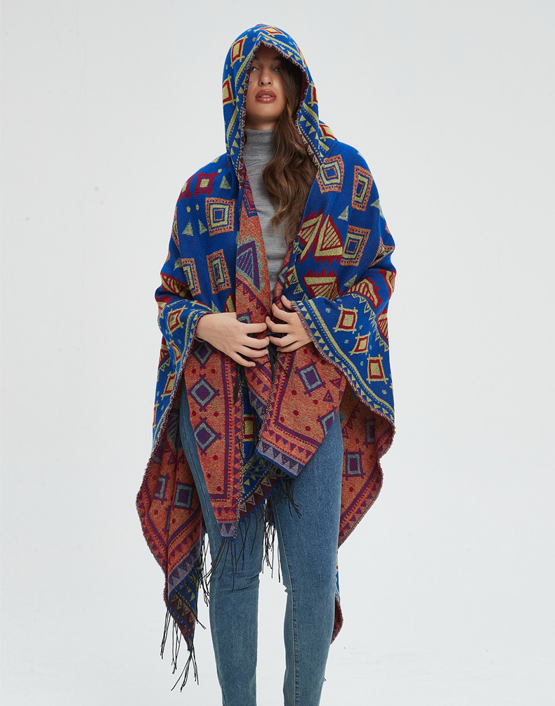 Unisex Hooded cape Winter travel jacquard fringed shawl for women_viptrois.com