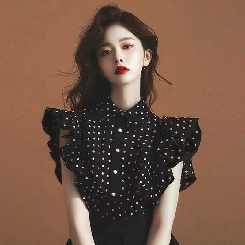 French Black Polka Dot Sleeveless Chiffon Shirt for Women in Summer, This Year's Popular Beautiful Shirt, Super Fairy Flying Sleeve Top