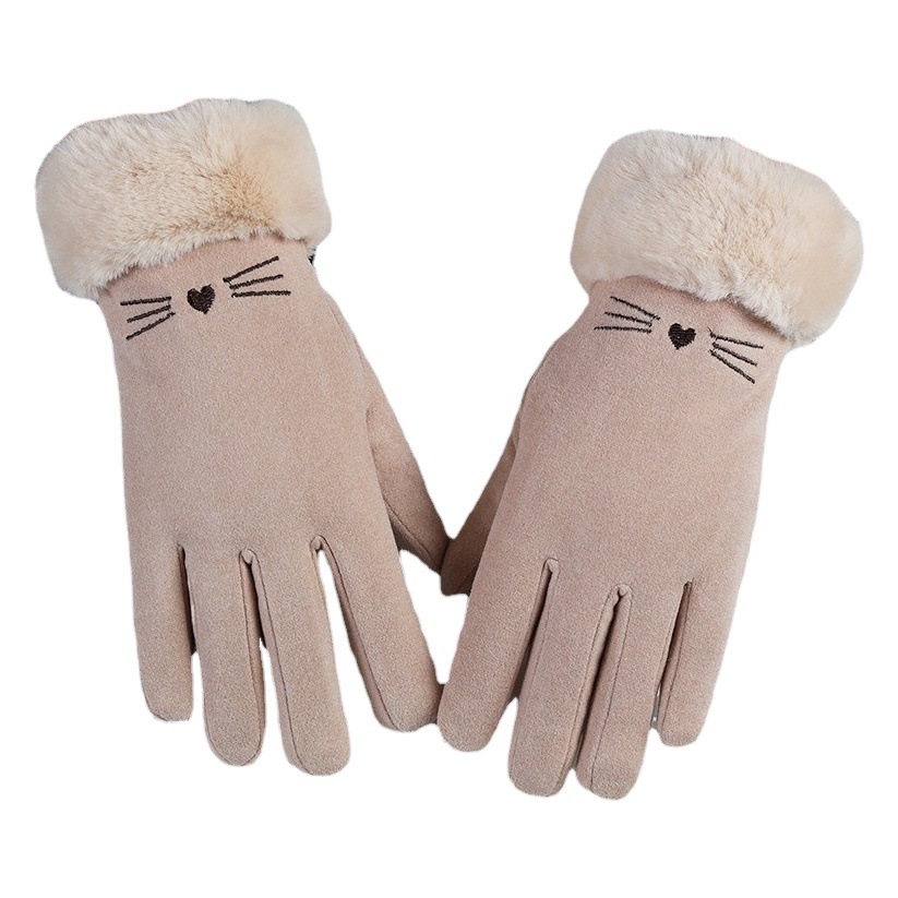 Guantes calientes boca de Piel de mujer lindo forro polar grueso a prueba de frío de terciopelo al aire libre pantalla táctil Otoño e Invierno guantes