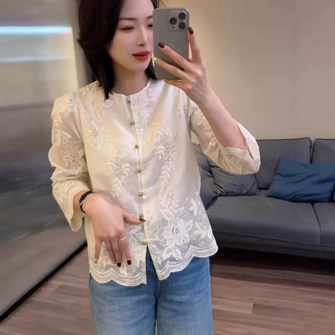 新中式提花刺绣蕾丝衬衫女2025春季新款高级感独特超好看小衫上衣