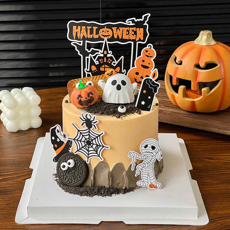 2025 Halloween Cake Decoration Smiling Pumpkin Ghost Ornament Castle Mummy Funny Party Card Plug-In