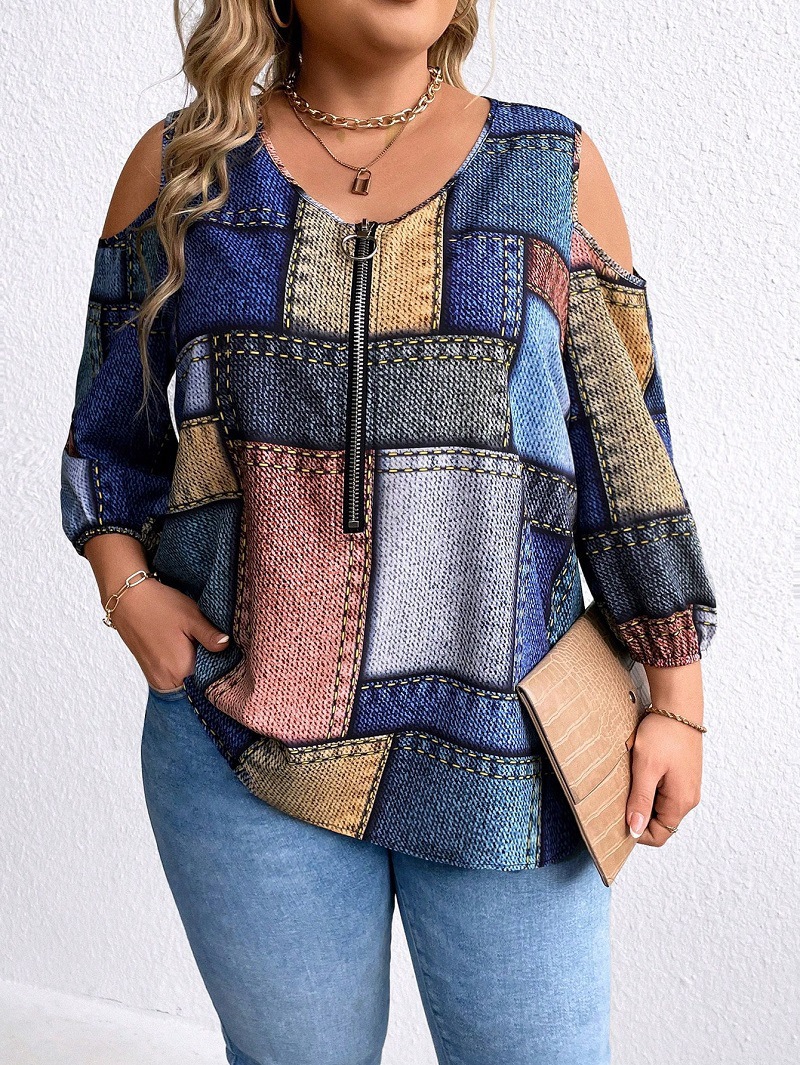 Europa y los Estados Unidos ropa de mujer de tamaño grande otoño y invierno moda nueva cremallera de manga larga decoración de hombro abierto impresión a cuadros suelta chaqueta diaria