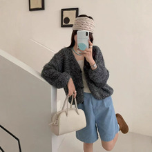 温柔风亮片针织开衫V领毛茸茸慵懒精致感显气质早秋冬毛衣女外套