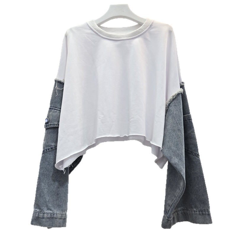 Sudadera de Mezclilla Combinada de Manga Larga con Cuello Redondo