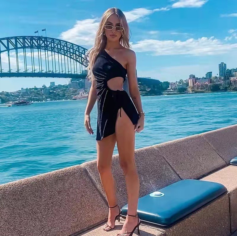 Women's Trendy Evening Dress Asymmetrical One‑Shoulder Design Hollow‑Out Cutouts Ultra‑Slim Bodycon Fit Stylish Night Out Wear_ecoleips.com