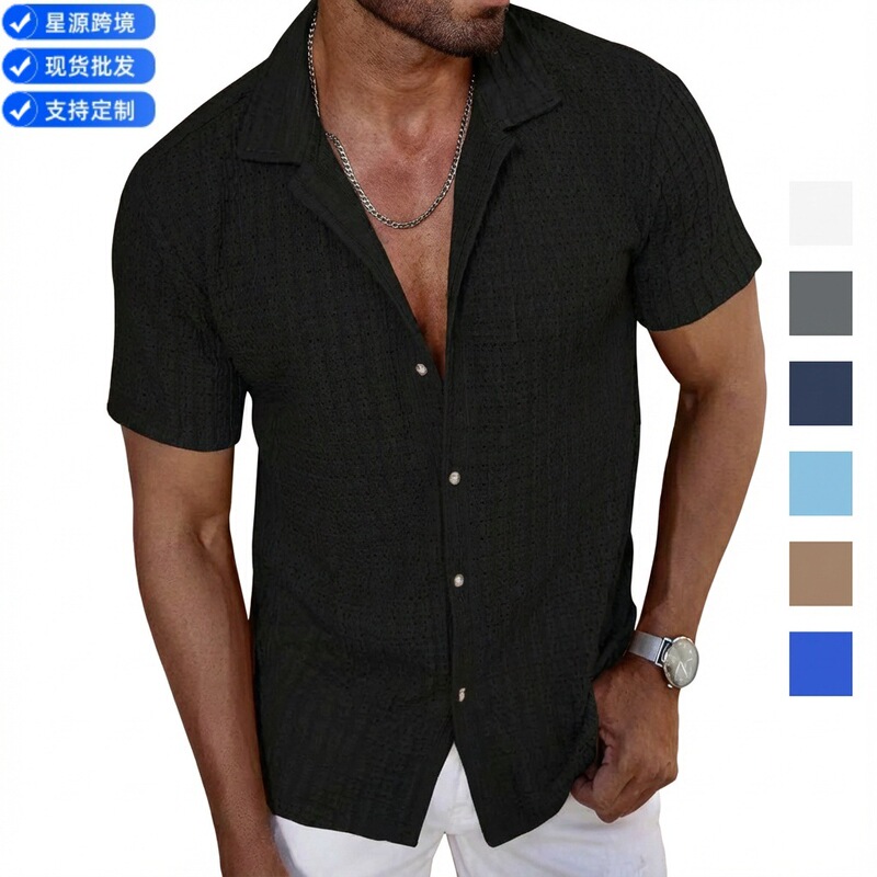 European and American men's casual knitted shirt men's summer new solid color lapel hollow breathable men's short sleeve top