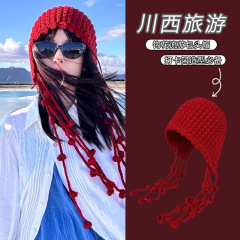 川西流苏红色包头帽子女夏秋新疆西北旅游穿搭针织帽显脸小套头帽