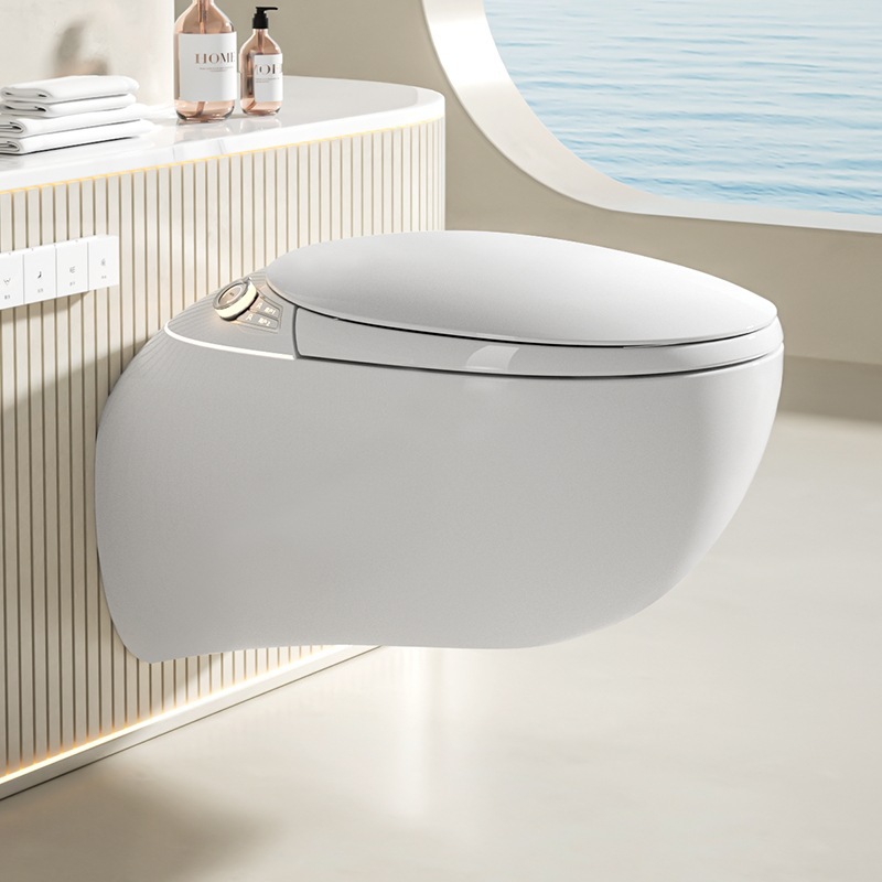 inodoro inteligente de tipo sifón suspendido completamente automático con asiento en forma de huevo de pared incrustado en pared con tanque de agua incorporado