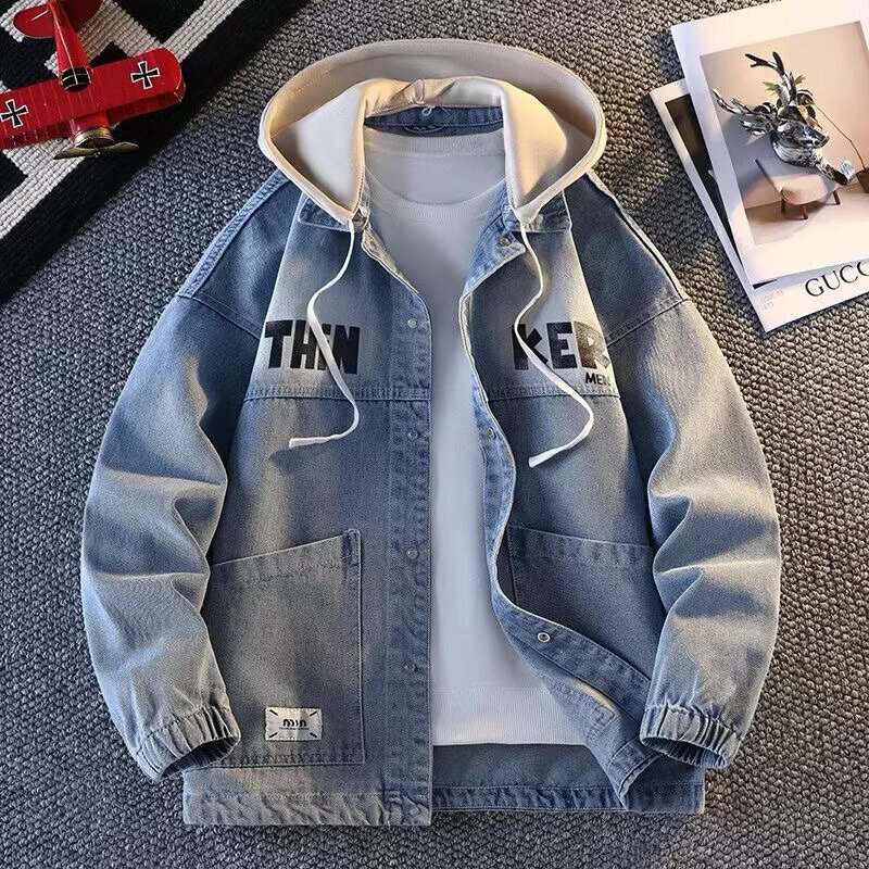 Hooded Denim Jacket Men's Light Blue Denim Jacket Trendy Youth Hooded Casual Jacket Men's Spring & Fall Style Hooded Denim Jacket Men's Light Blue Denim Jacket Trendy Youth Hooded Casual Jacket Men's Spring & Fall Style