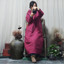 冬季秋冬加长款棉袍 复古加厚连帽保暖 原创棉麻女装棉袄棉服棉衣