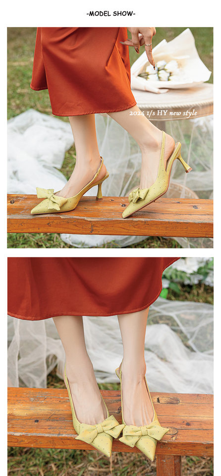 Giày sandal nữ bít mũi mũi nhọn gót mảnh đính đá nơ quai ngang, gót 6–8 cm — Màu mơ, Màu đen chi tiết 7