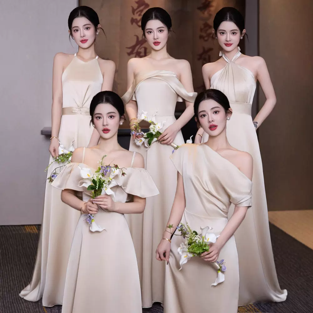 香槟色缎面伴娘服姐妹裙2025新款订婚礼服裙女高级感绝美平时可穿