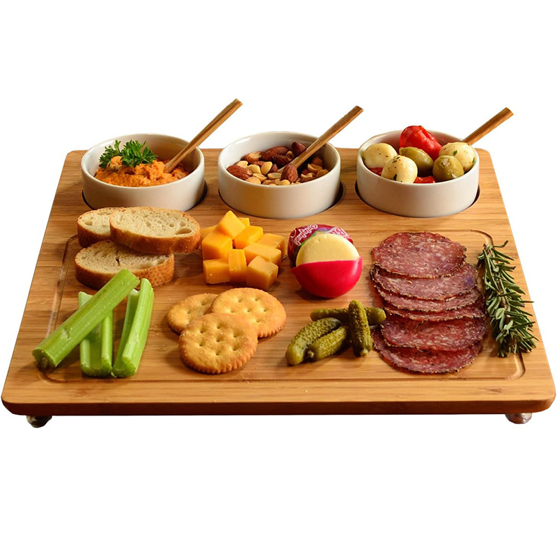 Amazon Bamboo Picnic de madera Tablero de queso de bambú Tazón de cerámica y cuchara de bambú Tablero de queso de bambú Tablero de cortar de madera para el hogar