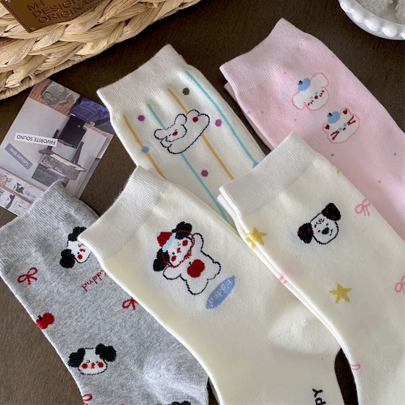 袜子女春秋季可爱透气ins学生日系长筒袜竖条小狗白色卡通中筒袜|undefined