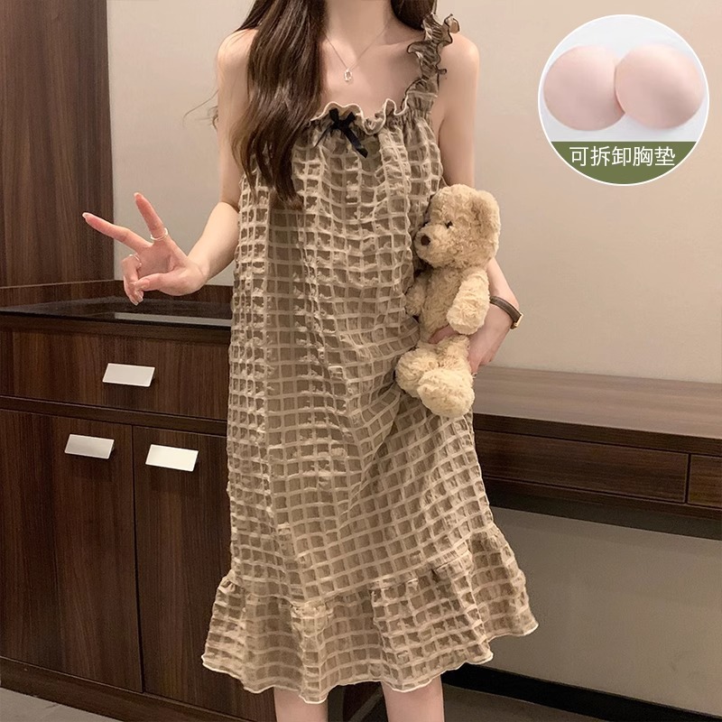 YZQ_Q403#서스펜더 스커트, 버블 체크무늬-커피(가슴 패드 포함)