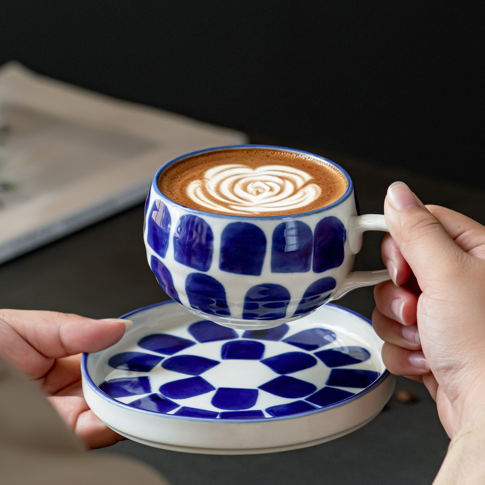 Manufacturer's popular Nordic ins-style hand-painted underglaze blue and white ceramic coffee cup and saucer afternoon tea dessert plate set
