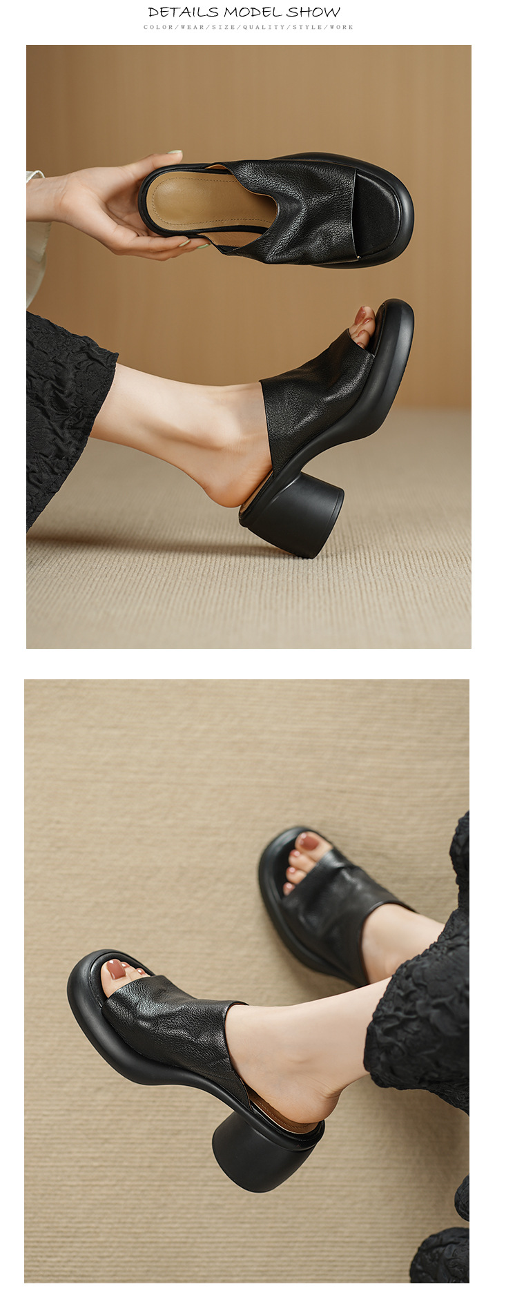 Sandal cao gót nữ hở mũi quai ngang da dê thật, gót 7 cm — đen chi tiết 13
