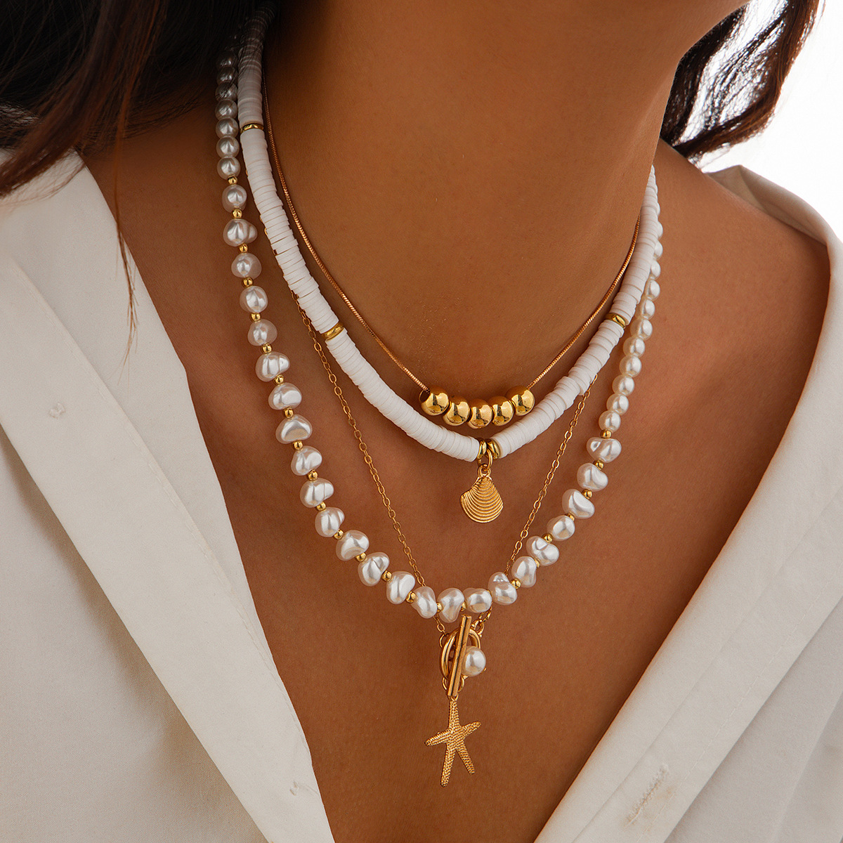 Holiday, Travel Occasion Bohemian Starfish Shell Imitation Pearl CCB Alloy Soft Clay Beaded Chain Cable Chain Layered Necklaces Wholesale