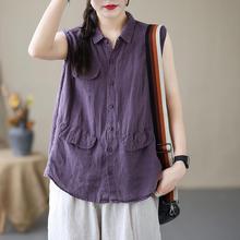 日本外贸出口尾单夏季复古棉麻无袖个性衬衫女纯色宽松薄款T恤潮