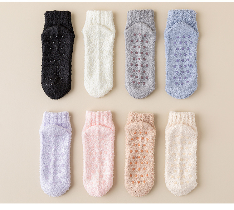 Unisex non slip glued boat socks for women winter thick floor socks solid color slippers socks coral fleece home socks_maomaolike.com