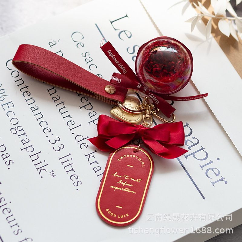 Cruz-frontera Amazon eterna flor llavero terminado Austin Rosa caja de regalo bolsa colgante de cuero marcador colgante