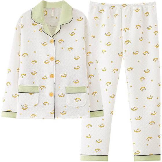 100% Pure Cotton Autumn and Winter Thick Cotton Pajamas Women's Long Sleeve Cotton Warm Cardigan suit Young and Middle-aged Air Cotton Home