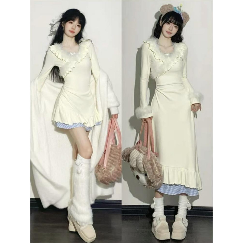 Japanese-Style Sweet Short Dress with Waist-Cinching Slimming Design, Faux Two-Piece V-Neck Dress with Fur Patchwork for Women, Autumn and Winter