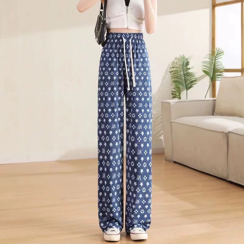 Pantalones anchos de mezclilla de seda de hielo Pantalones casuales delgados con estampado de seda de verano para mujer Pantalones de trapeador de cintura alta sueltos de cintura alta