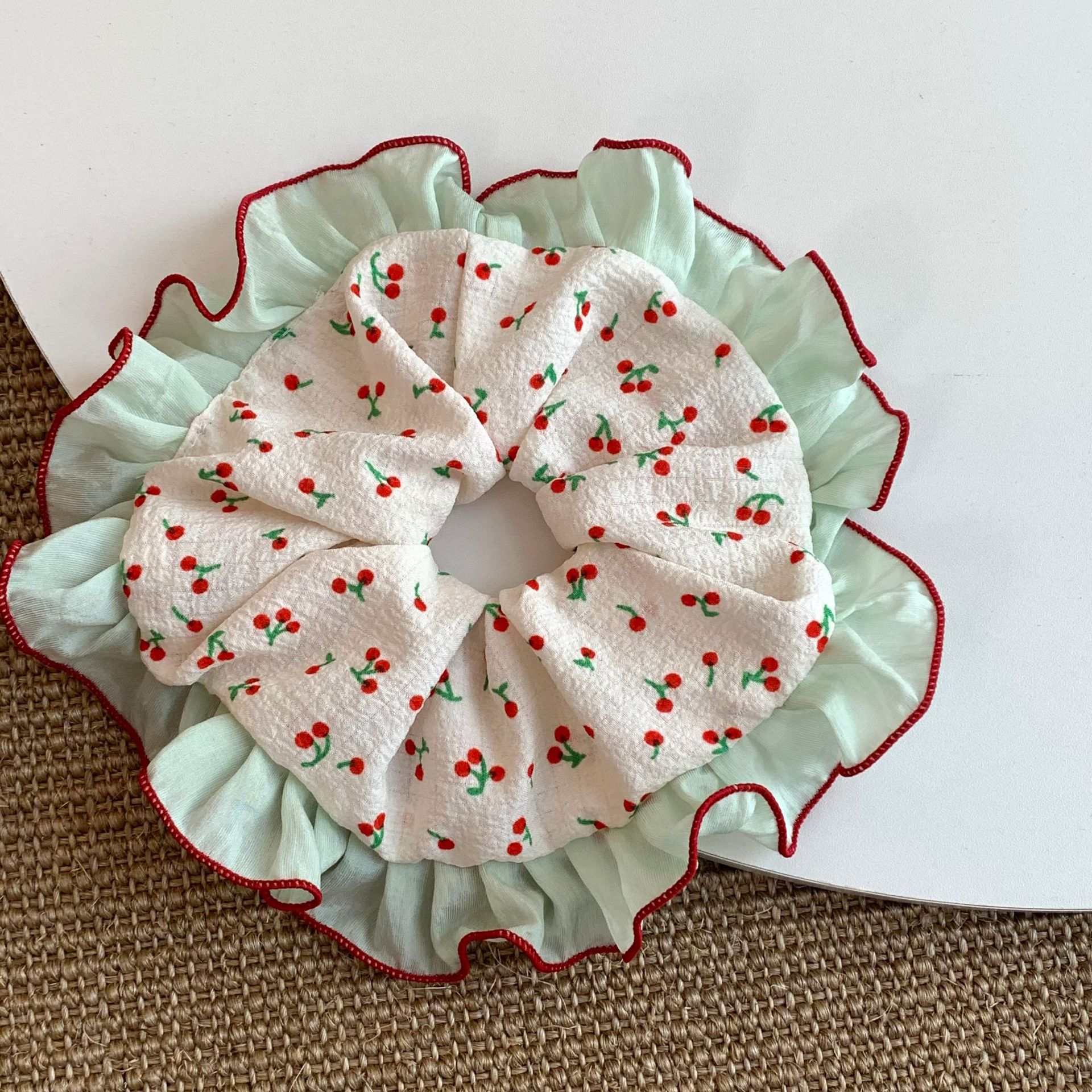 Verano rojo cereza textura de hilo suave bowknot coreano floral doble hechizo nuevo intestino grueso anillo para el cabello cuerda para el cabello accesorios para el cabello