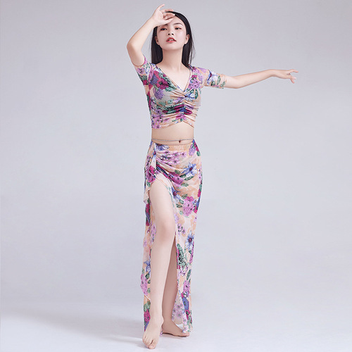 New Spring and Summer Belly Dance Printed Floral Practice Clothing Suit Large Size Slimming Oriental Dance Performance Outfit