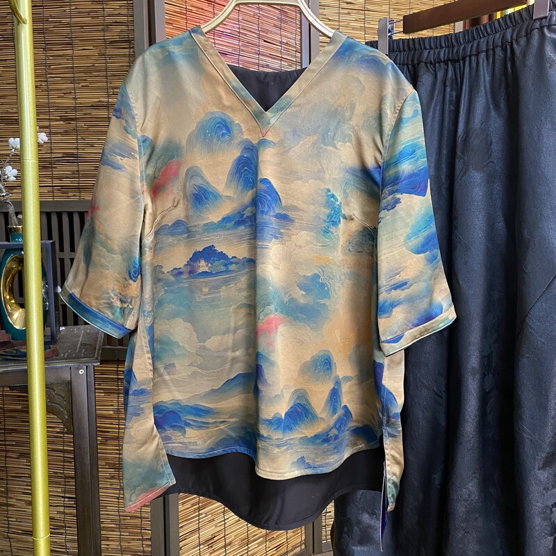 Heavy Satin 40 Silk Short-Sleeve Women's Top 2026 Spring New Style Versatile Stylish Landscape Pattern Fashion Versatile Mulberry Silk Blouse