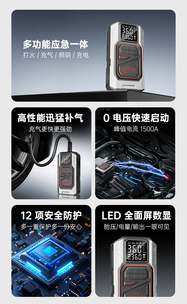 Car Air Pump Emergency Starting Power Supply All-In-One Car Electric Air Pump Tire Pressure Measurement Tire Wireless Model