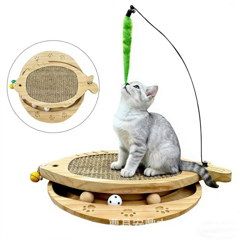 Cartoon Wooden Fish-Shaped Cat Scratching Board Pet Nail Grinding Board Solid Wood Oval Cat Scratching Toy Cat Turntable