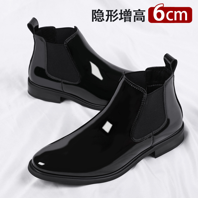 Men's Chelsea Boots with 6cm Inner Height, High-Top Leather Shoes, Velvet Warm Boots, Pointed Toe Slip-On Motorcycle Boots