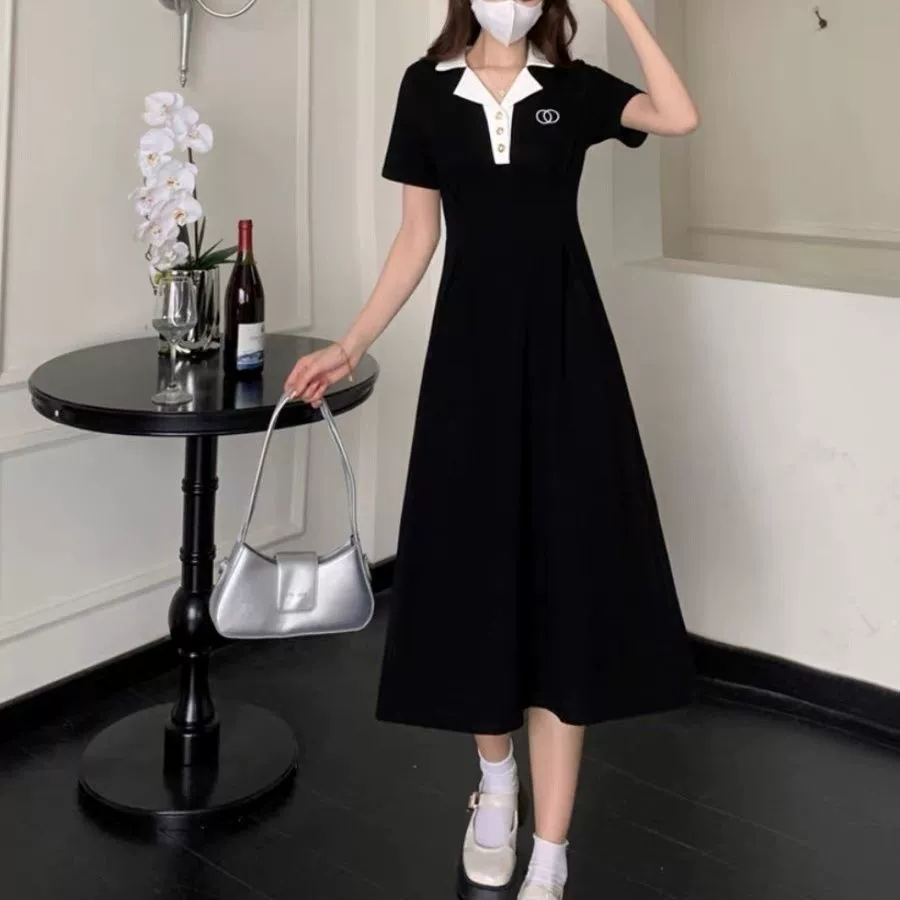 Трансграничное новое дикое платье с короткими рукавами женское летнее черное платье среднего и длинного стиля