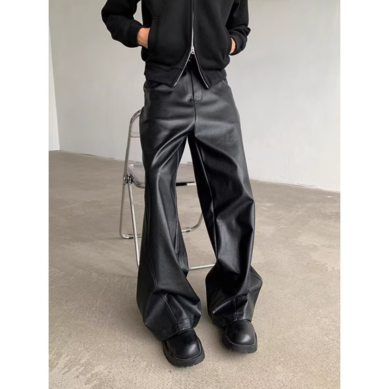 American Retro Pu Leather Pants for Men, Loose Fit, High-End Vibe, Trendy Brand Patchwork Wide-Leg Casual Pants