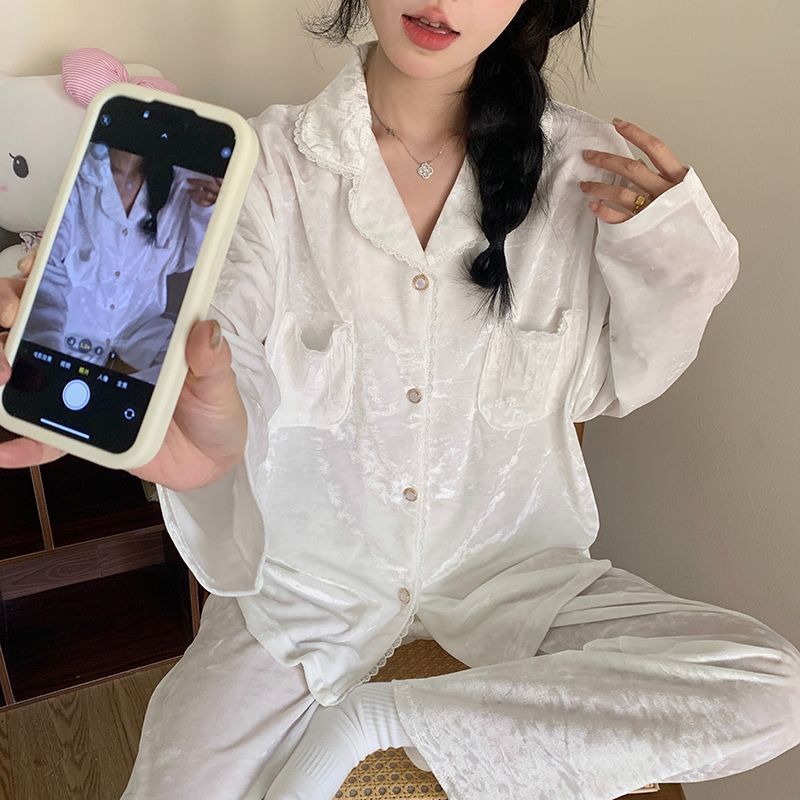 金丝绒睡衣女款秋冬季韩系甜美ins开衫长袖套装宽松可外穿家居服|undefined
