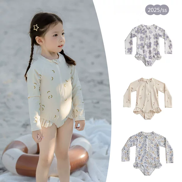 Girls Baby Cute one-piece Swimsuit Girls Ins Style Floral Swimsuit Children's Long Sleeve Anti-chlorine Sunscreen Swimsuit