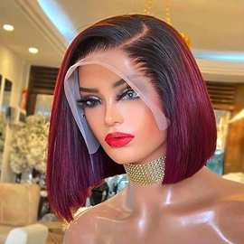 13*4波波头真人发假发头套human hair BOBwig棕色酒红色假发