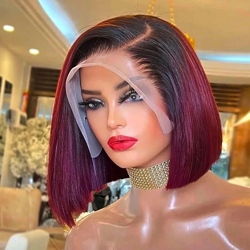 13*4 Bob Human Hair Wig Human Hair Bobwig Brown Burgundy Wig