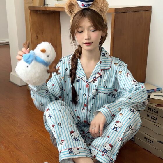Summer Noodle HelloKitty Ice Silk Long Sleeve Pajamas Couple suit Cartoon Cute Lapel Cardigan Home Clothes